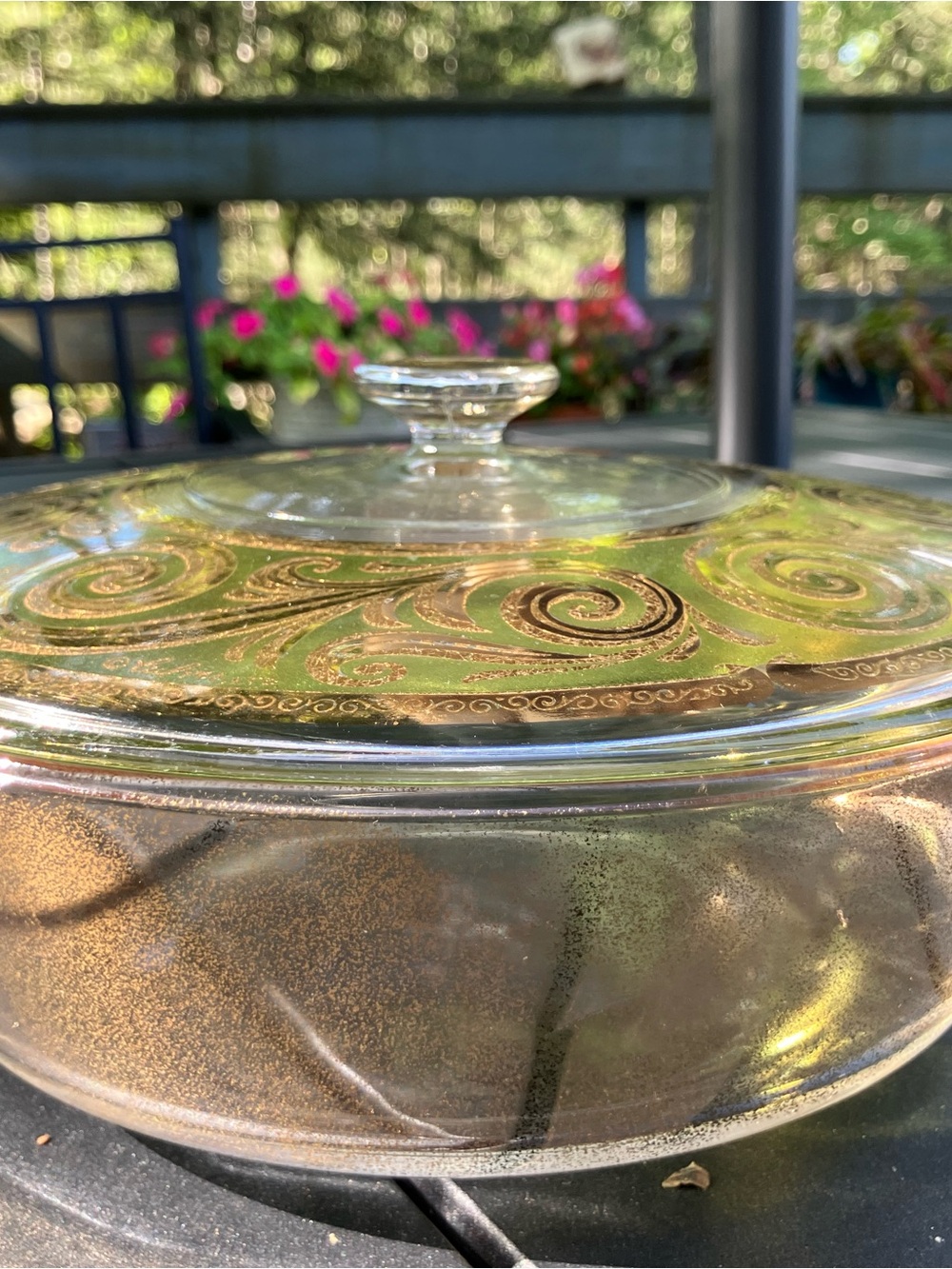 Fire King Clear Glass Toledo Casserole Dish with Lid and Gold Swirl Accents
